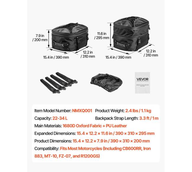 Motociklo galinė kuprinė, 22-34 L, su lietaus apsauga5