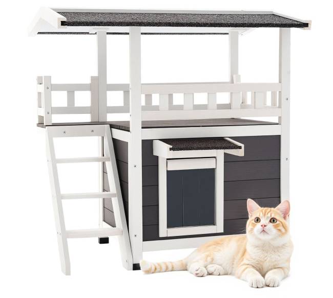 Lauko medinis dviejų aukštų kačių namelis0
