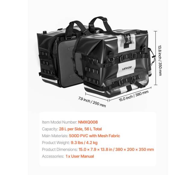 Moto šoninė krepšys, 56 l talpa, vandeniui atspari5