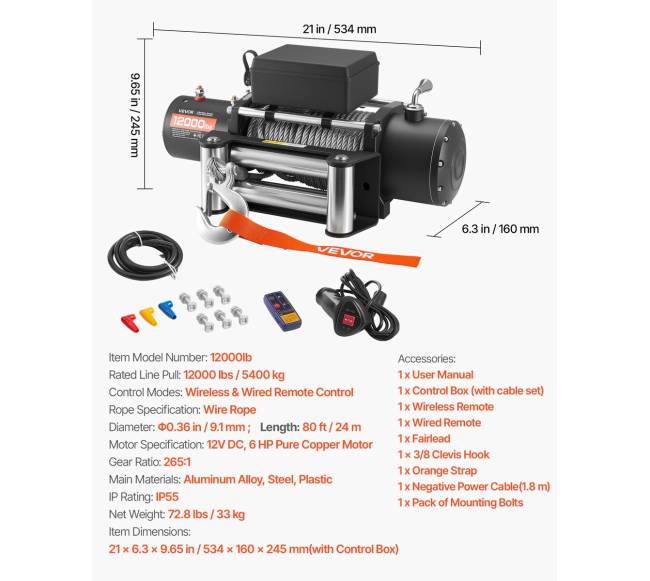 Elektrinė gervė, 5400 kg apkrova, 12V DC6