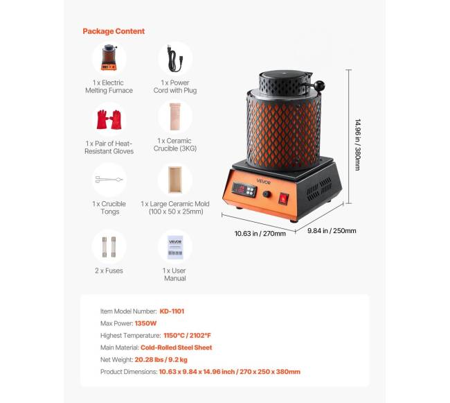 Elektrinė lydymo krosnelė, 1350W, 3kg keraminis tiglis6