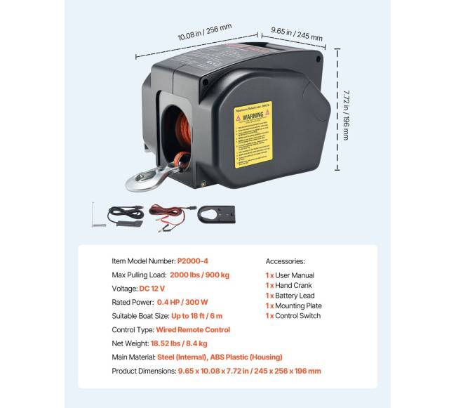 Elektrinis valčių gervė, 12V DC 300W, reversinė gervė iki 900 kg6