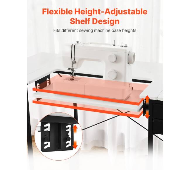 Siuvimo stalas su stalčiais ir reguliuojama lentyna3