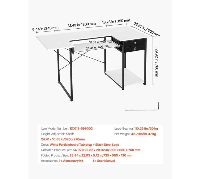 Siuvimo stalas su stalčiais ir reguliuojama lentyna6