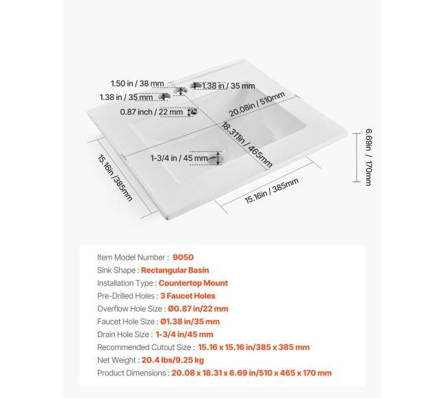 Pusiau įleidžiamas vonios kriauklė 510 x 465 mm6