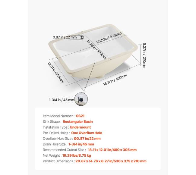 Įleidžiama stačiakampė vonios kriauklė 530 x 375 mm6