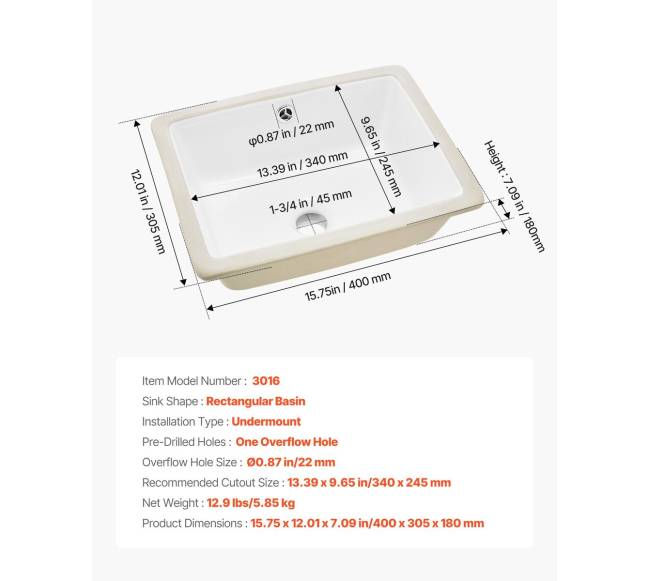 Įmontuojamas vonios praustuvas, 400 x 305 mm6