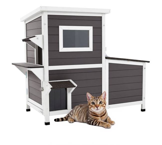 Medinis lauko kačių namelis su laiptais0
