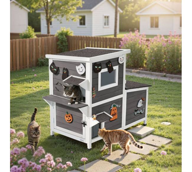 Medinis lauko kačių namelis su laiptais7