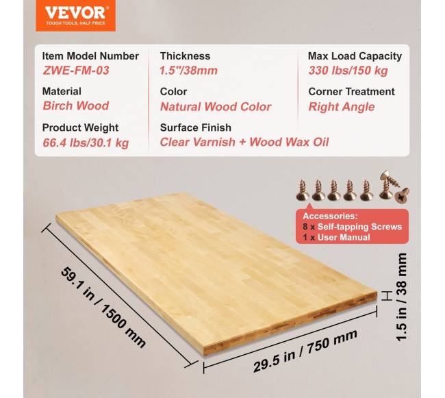 Klevo medžio stalo viršus 150 x 75 cm6