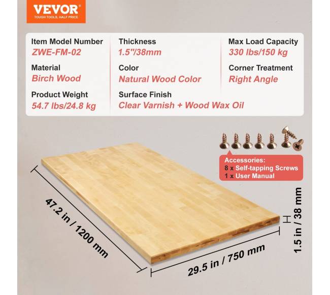 Kietmedžio stalo viršus 120 x 75 x 3,8 cm6