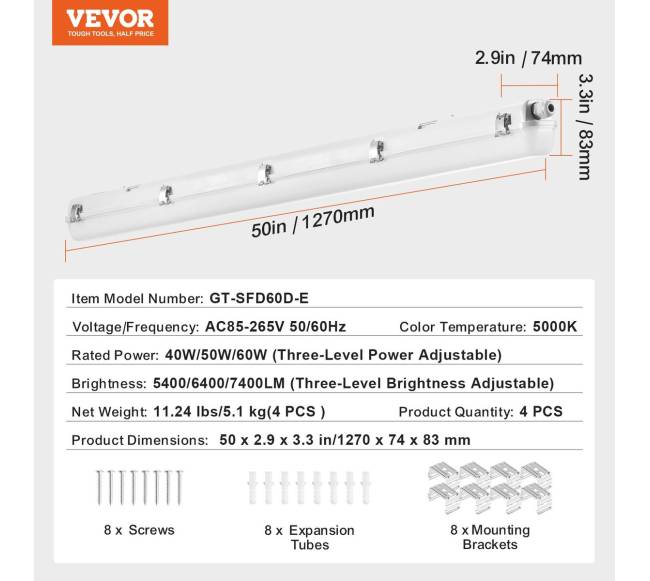4 vnt. 122 cm LED šviestuvas reguliuojamas5