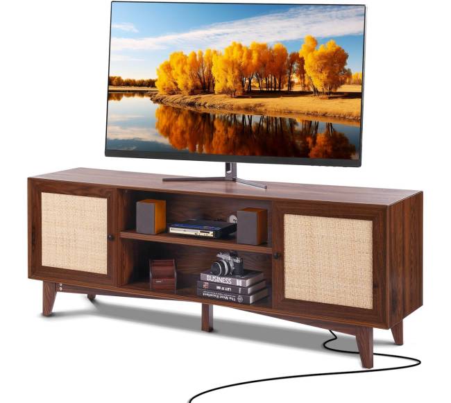 Rataninė TV spintelė 191cm, bohemiškas stilius, riešuto spalva0