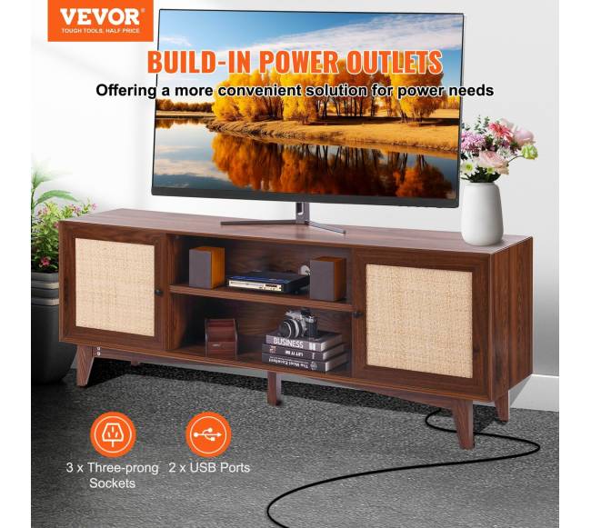 Rataninė TV spintelė 191cm, bohemiškas stilius, riešuto spalva1