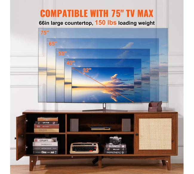 Rataninė TV spintelė 191cm, bohemiškas stilius, riešuto spalva3