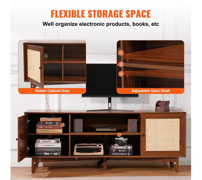 Rataninė TV spintelė 191cm, bohemiškas stilius, riešuto spalva4