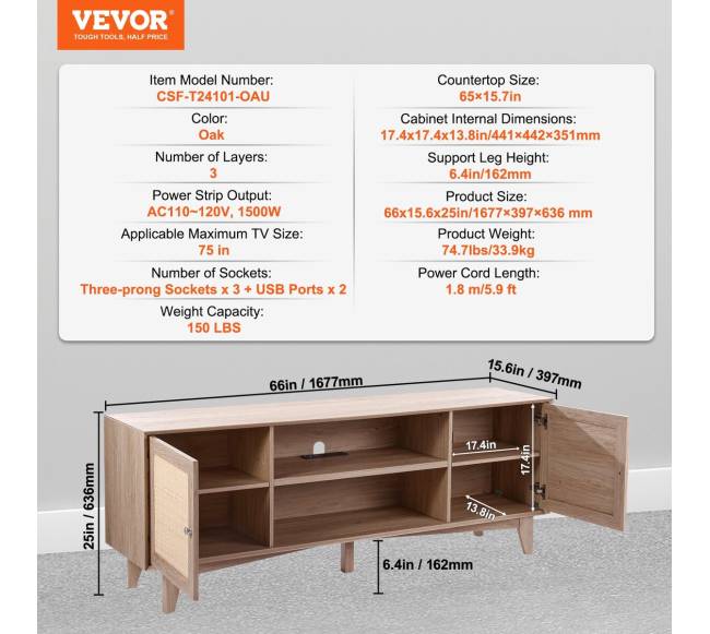 Rataninė TV spintelė 191 cm ąžuolo6
