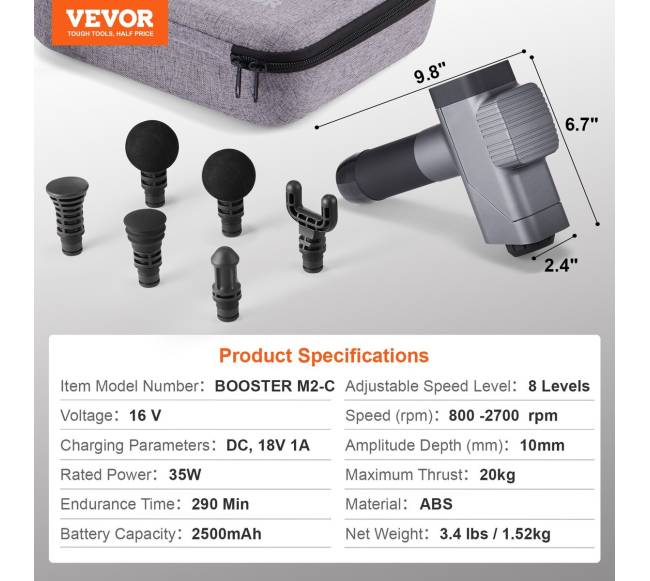 Raumenų masažuoklis su 8 greičiais ir 6 galvutėmis6