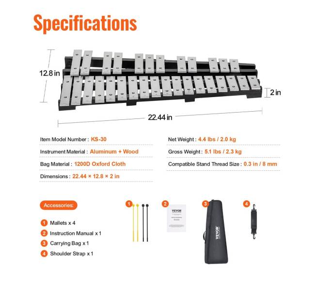 30 natų glockenspielis su malletais ir būgnų lazdelėmis5