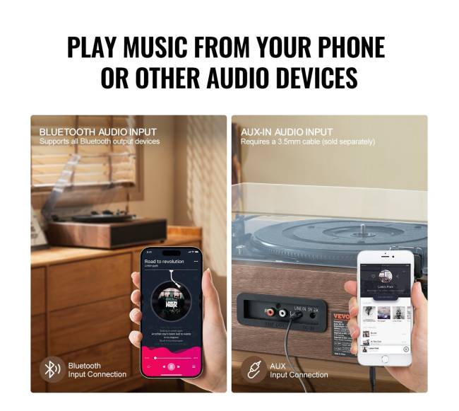 Bluetooth vinilo plokštelių grotuvas su 10W garsiakalbiais4