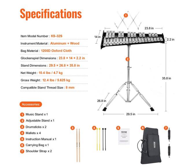 32 natų metalofonas su lazdelėmis ir stovu6