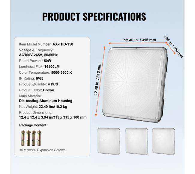 4 vnt. LED šviestuvai baldakimams 150W 16500LM 5000K5