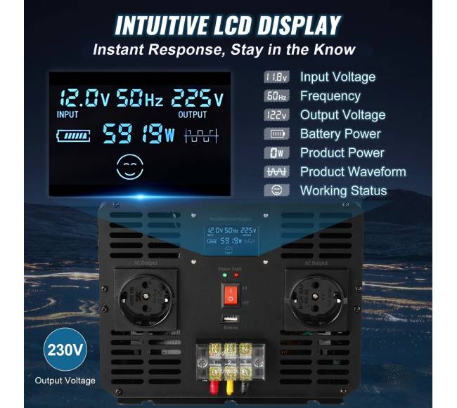 Pure sinusoides keitiklis 5000W 12V į 230V LCD2