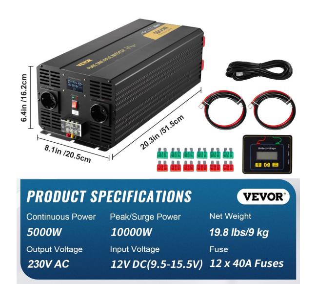 Pure sinusoides keitiklis 5000W 12V į 230V LCD6