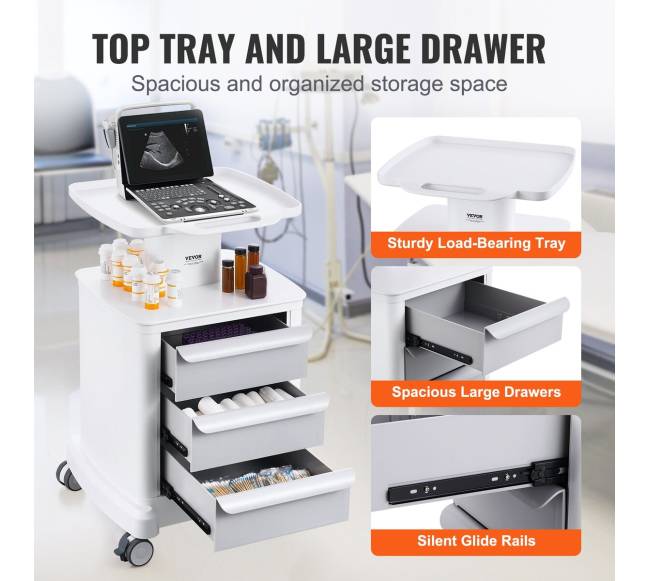 4 lygių mobilus medicininis vežimėlis su 3 stalčiais4