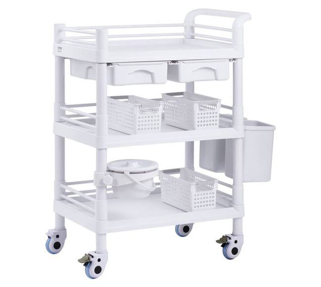 Medicininis vežimėlis su 3 lentynomis ir šiukšliadėžėmis0
