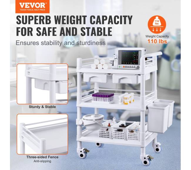 Medicininis vežimėlis su 3 lentynomis ir šiukšliadėžėmis1