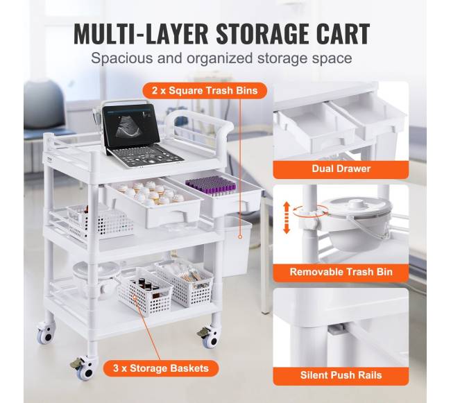 Medicininis vežimėlis su 3 lentynomis ir šiukšliadėžėmis4