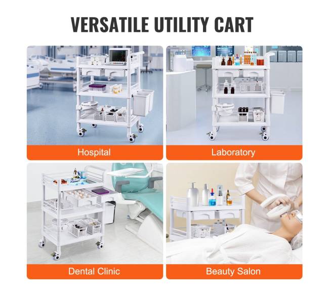 Medicininis vežimėlis su 3 lentynomis ir šiukšliadėžėmis5