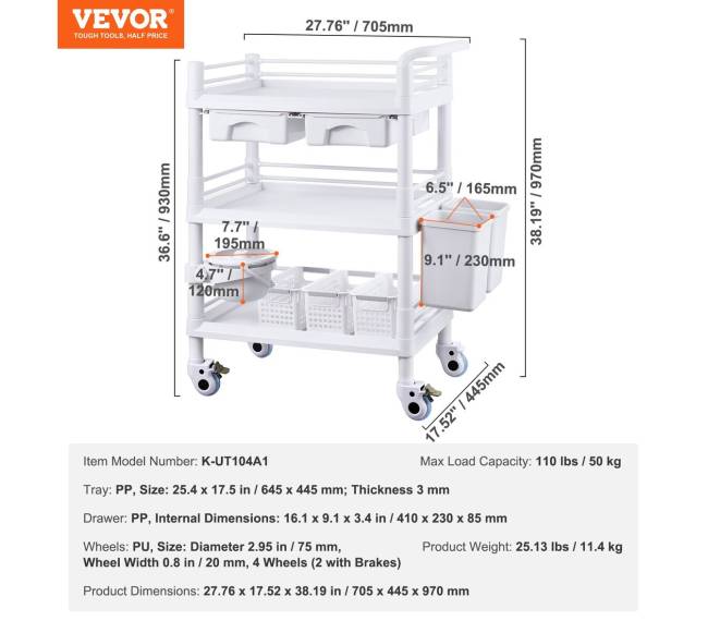 Medicininis vežimėlis su 3 lentynomis ir šiukšliadėžėmis6