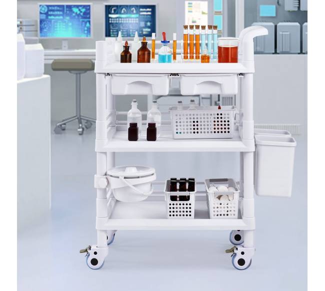 Medicininis vežimėlis su 3 lentynomis ir šiukšliadėžėmis7
