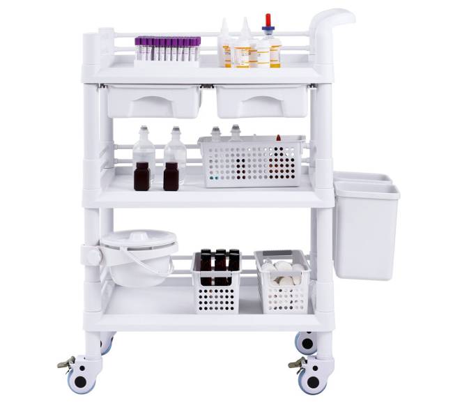 Medicininis vežimėlis su 3 lentynomis ir šiukšliadėžėmis8