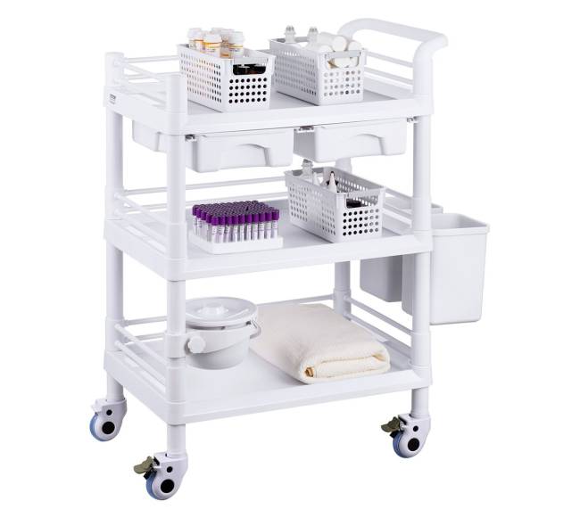 Medicininis vežimėlis su 3 lentynomis ir šiukšliadėžėmis9