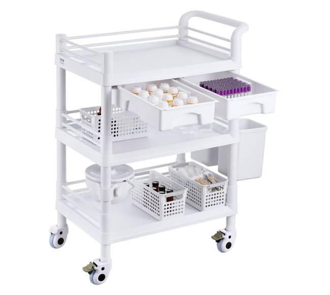 Medicininis vežimėlis su 3 lentynomis ir šiukšliadėžėmis10