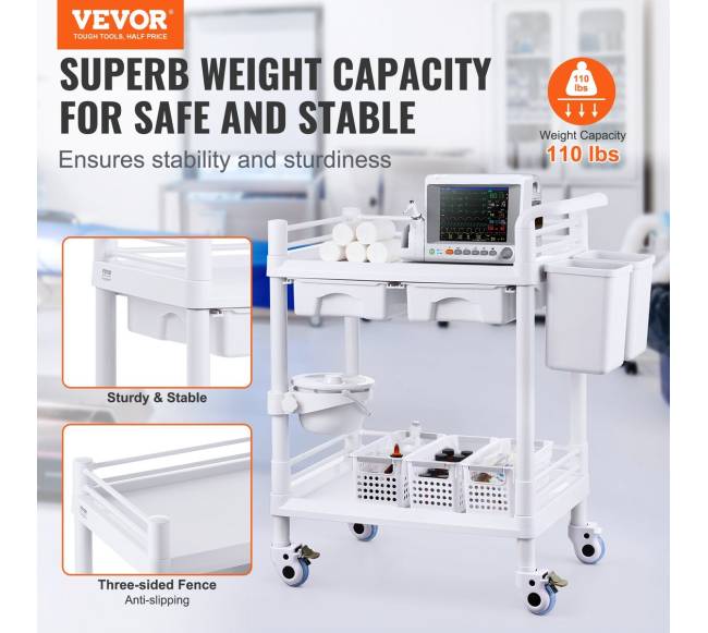 medicininių vežimėlis su 2 stalčiais ir 3 šiukšliadėžėmis1