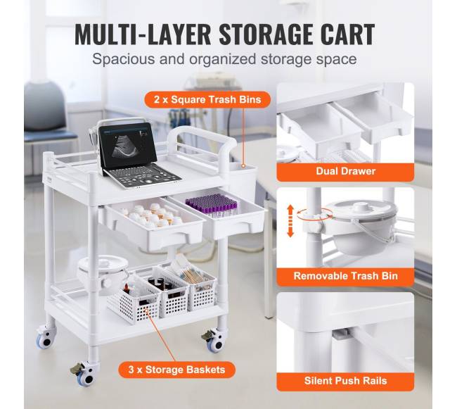 medicininių vežimėlis su 2 stalčiais ir 3 šiukšliadėžėmis4