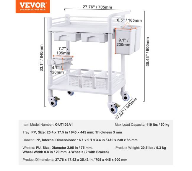medicininių vežimėlis su 2 stalčiais ir 3 šiukšliadėžėmis6
