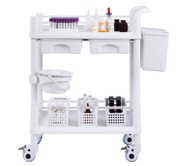 medicininių vežimėlis su 2 stalčiais ir 3 šiukšliadėžėmis8