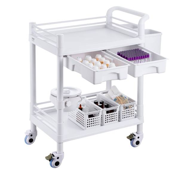 medicininių vežimėlis su 2 stalčiais ir 3 šiukšliadėžėmis10