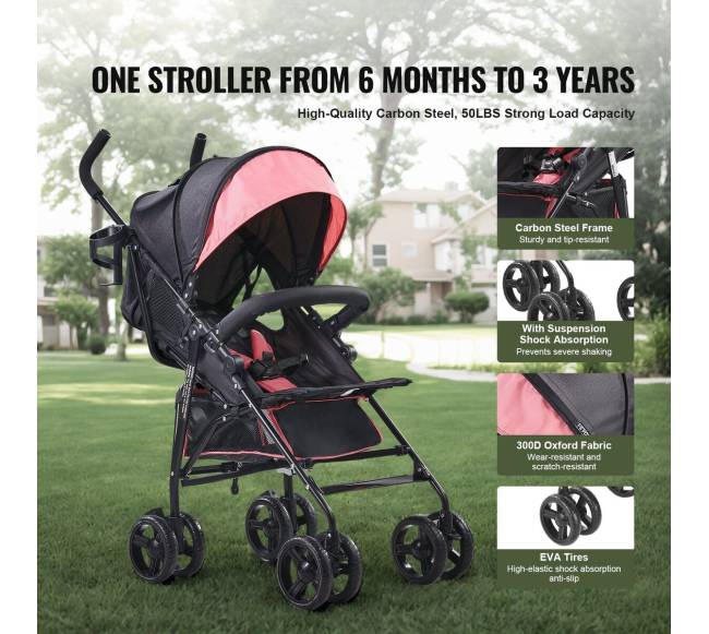 Kompaktiškas lengvas vežimėlis juodasrožinis3