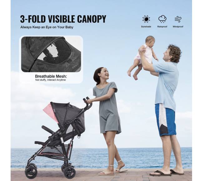 Kompaktiškas lengvas vežimėlis juodasrožinis4