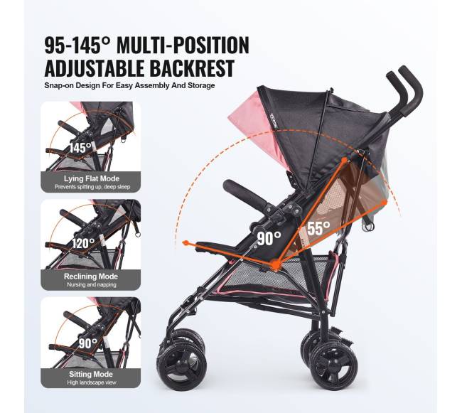 Kompaktiškas lengvas vežimėlis juodasrožinis5