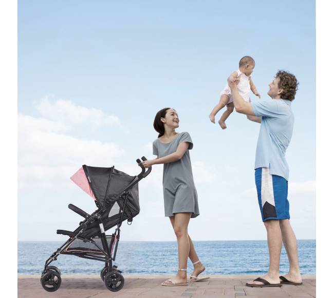 Kompaktiškas lengvas vežimėlis juodasrožinis7