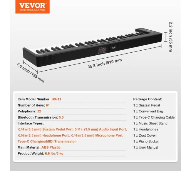 Sulankstomas 61 klavišo klavišas pianinas su Bluetooth6