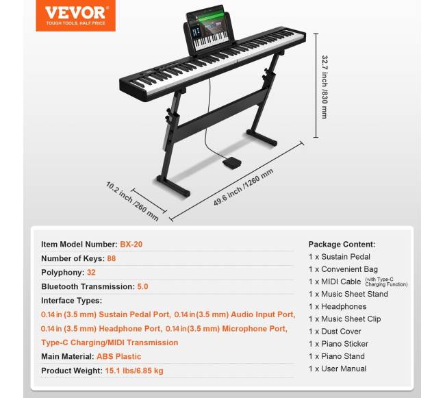 88 klavišų sulankstomas klaviatūras fortepijonas6
