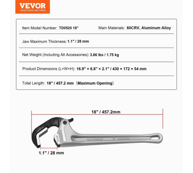 Aliuminis vamzdžių raktas su automatiniais žandikauliais 457 mm6